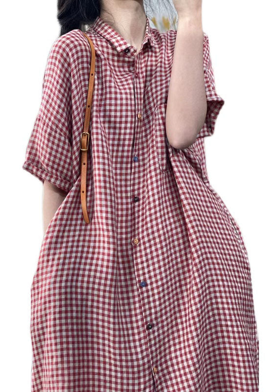 Handmade Red Peter Pan Collar Plaid Cotton Shirts Dress Summer FF009