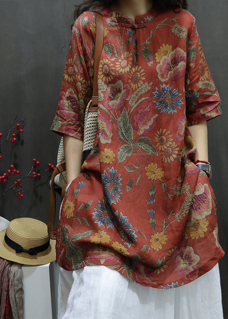 Handmade Red Stand Collar Print Long Linen Tops Short Sleeve VV084