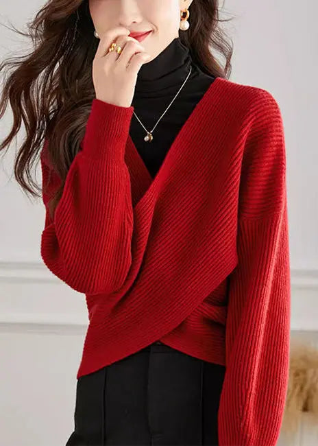 Handmade Red V Neck Cross Connection Knit Tops Spring Ada Fashion