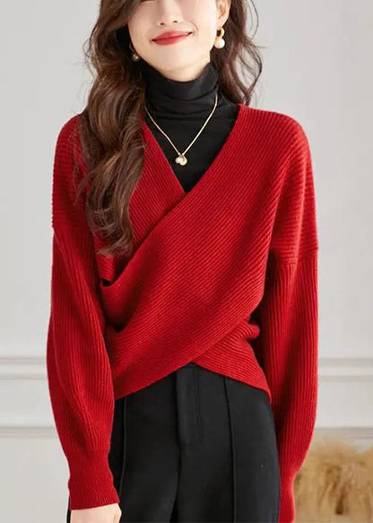 Handmade Red V Neck Cross Connection Knit Tops Spring Ada Fashion