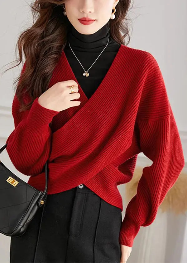 Handmade Red V Neck Cross Connection Knit Tops Spring Ada Fashion