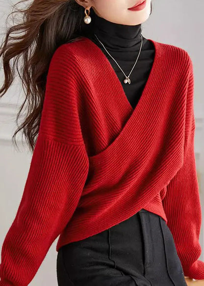 Handmade Red V Neck Cross Connection Knit Tops Spring Ada Fashion