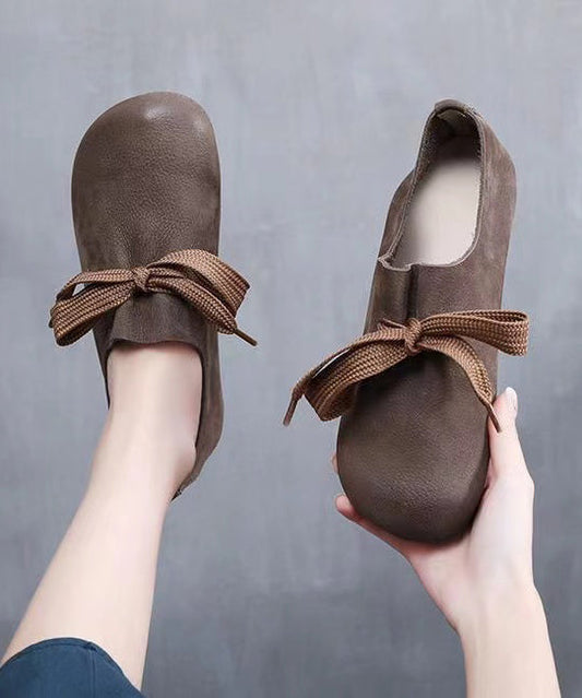 Handmade Retro Coffee Cowhide Leather Flats Shoes WT014