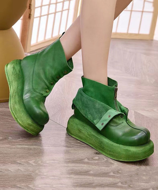 Handmade Retro Green Cowhide Leather Splicing Platform Boots OM004