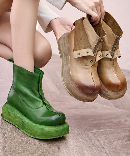 Handmade Retro Green Cowhide Leather Splicing Platform Boots OM004