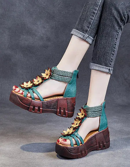 Handmade Retro Leather Flower Platform Sandals Ada Fashion