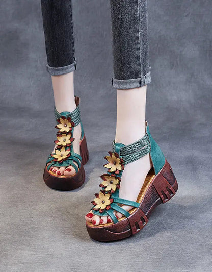 Handmade Retro Leather Flower Platform Sandals Ada Fashion