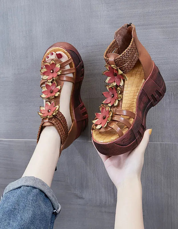Handmade Retro Leather Flower Platform Sandals Ada Fashion