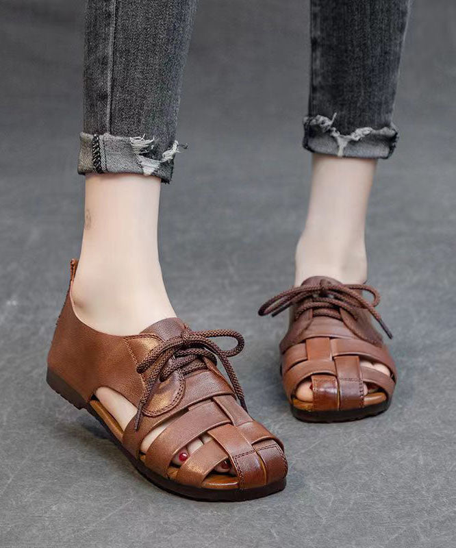 Handmade Splicing Flat Sandals Brown Cowhide Leather Hollow Out DD1030