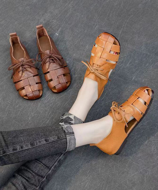 Handmade Splicing Flat Sandals Brown Cowhide Leather Hollow Out DD1030