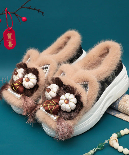 Handmade Splicing Tassel Nail Bead Platform Flat Shoes Coffee Fuzzy Wool Lined TQ039