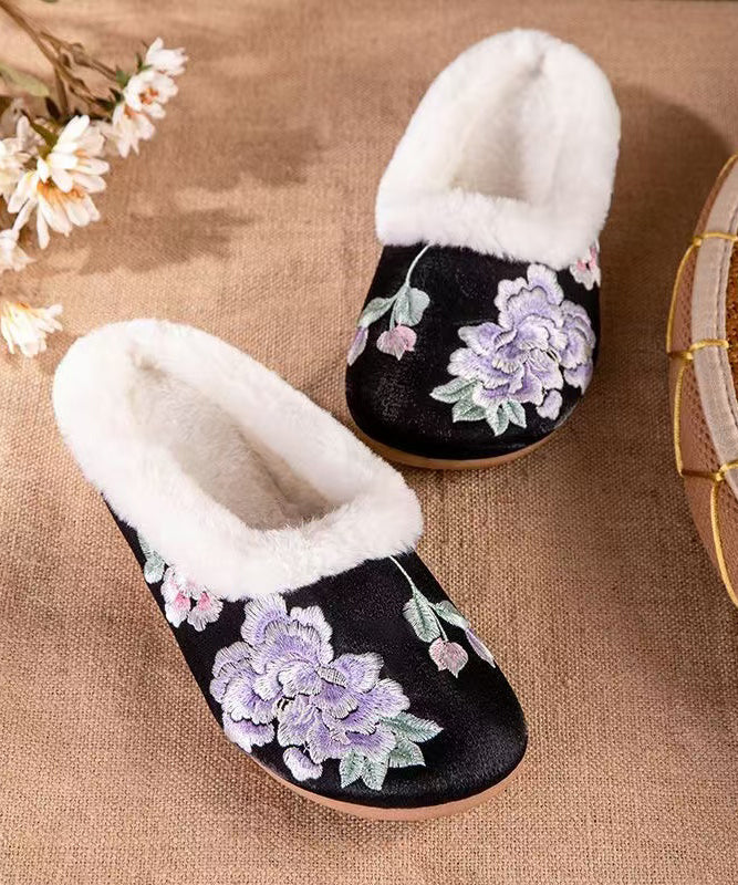 Handmade Vintage Fuzzy Wool Lined Slippers Shoes Black Satin Embroidery RX028