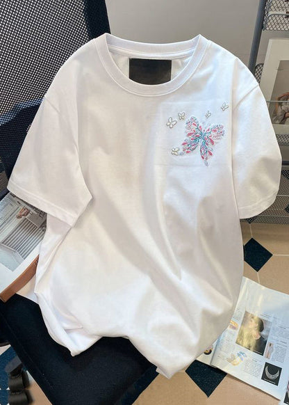 Handmade White Butterfly Embroideried Cotton Men Neutral T Shirt Summer LK063