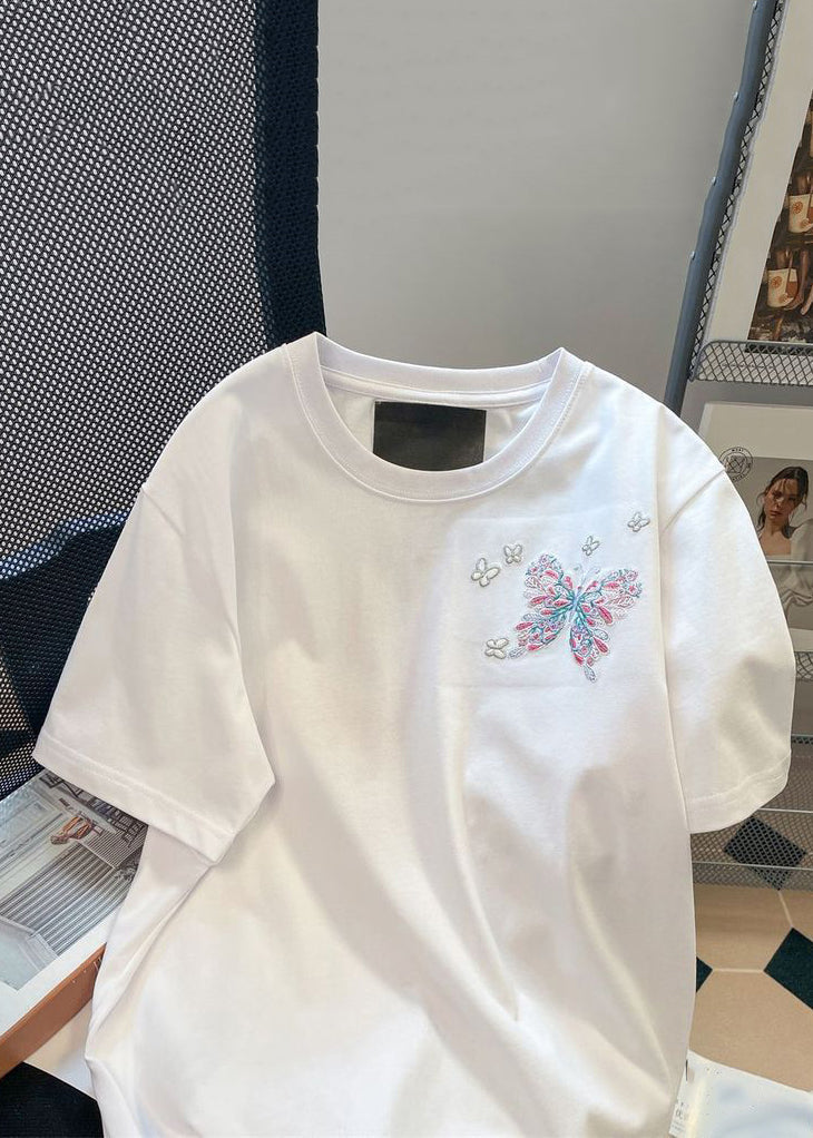 T-shirt neutre en coton brodé à la main avec papillon blanc pour homme, été LK063