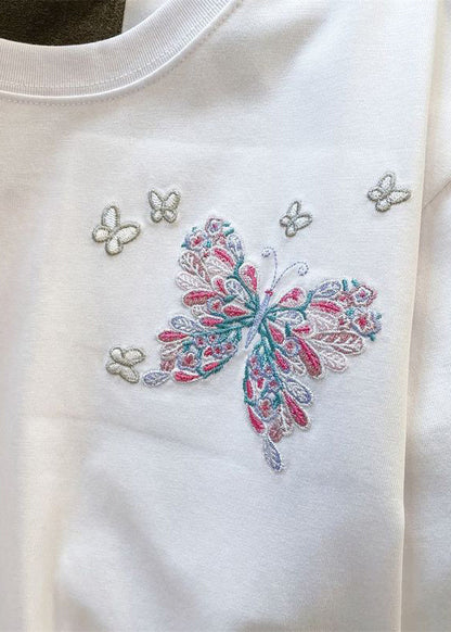 Handmade White Butterfly Embroideried Cotton Men Neutral T Shirt Summer LK063