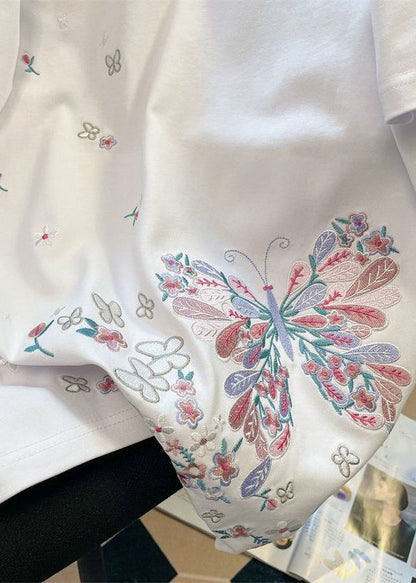 Handmade White Butterfly Embroideried Cotton Men Neutral T Shirt Summer LK063