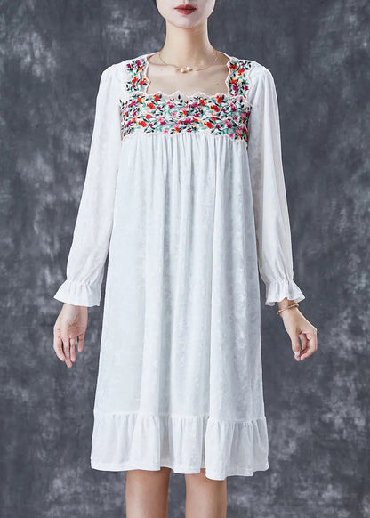 Handmade White Embroidered Silk Velour Holiday Dress Fall Ada Fashion