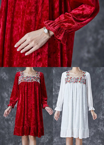 Handmade White Embroidered Silk Velour Holiday Dress Fall Ada Fashion