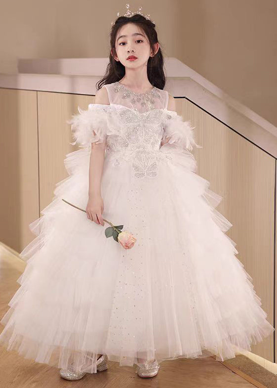 Robe de princesse en tulle et plumes blanches pour filles, faite à la main, en zircon, pour l'été, TT040