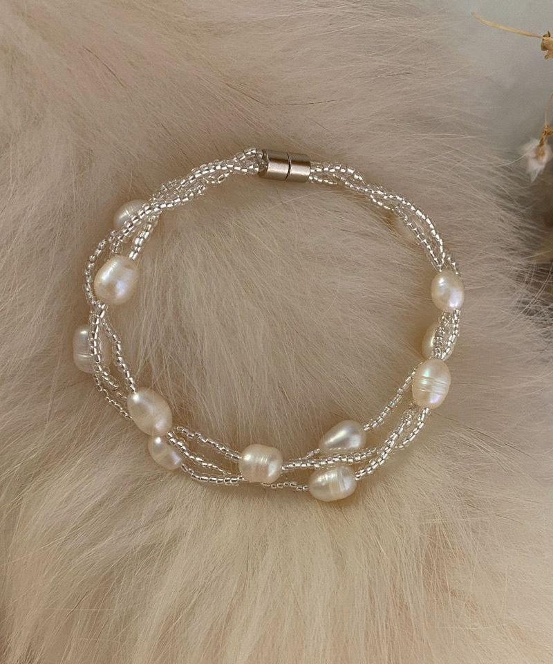 Handmade White Metal Three Layers Pearl Chain Bracelet ET014