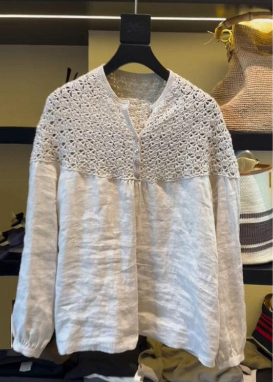 Oversized Handmade Out White Patchwork Summer Tops Linen Hollow