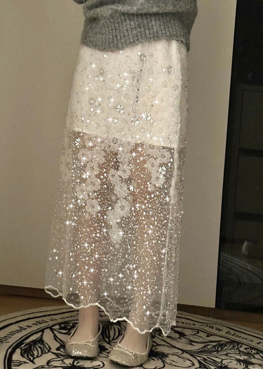 Jupe d'été en tulle à paillettes et perles faite à la main, blanche