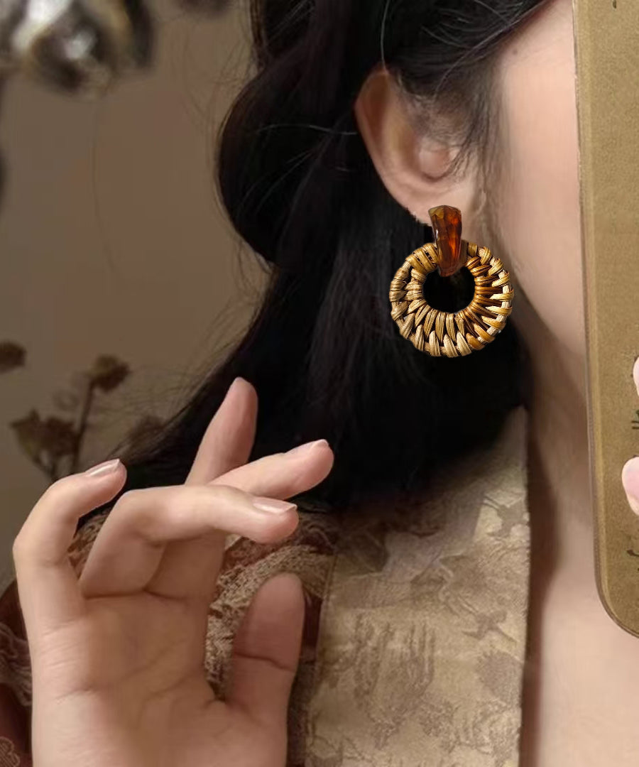 Bamboo Earrings Hoop Weaving Grass Vine Alloy Handmade Yellow