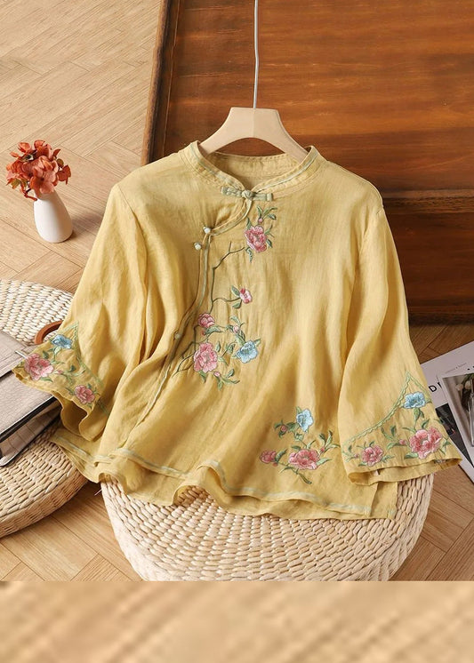 Sleeve Handmade Yellow Linen Embroidered Button Bracelet Shirt