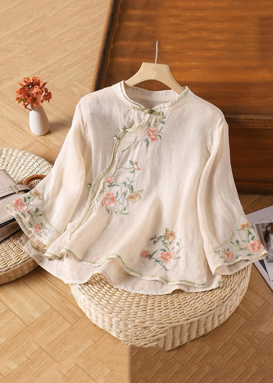 Sleeve Handmade Yellow Linen Embroidered Button Bracelet Shirt