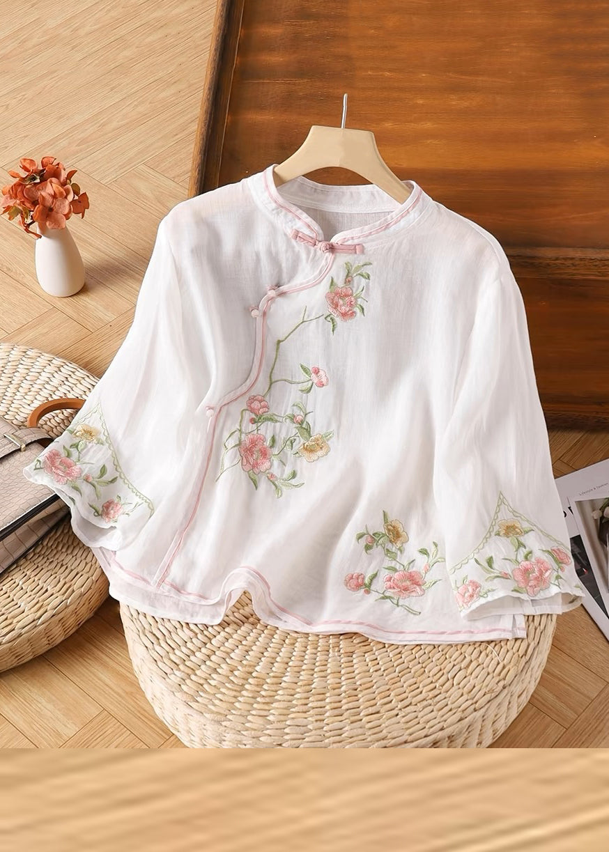 Sleeve Handmade Yellow Linen Embroidered Button Bracelet Shirt