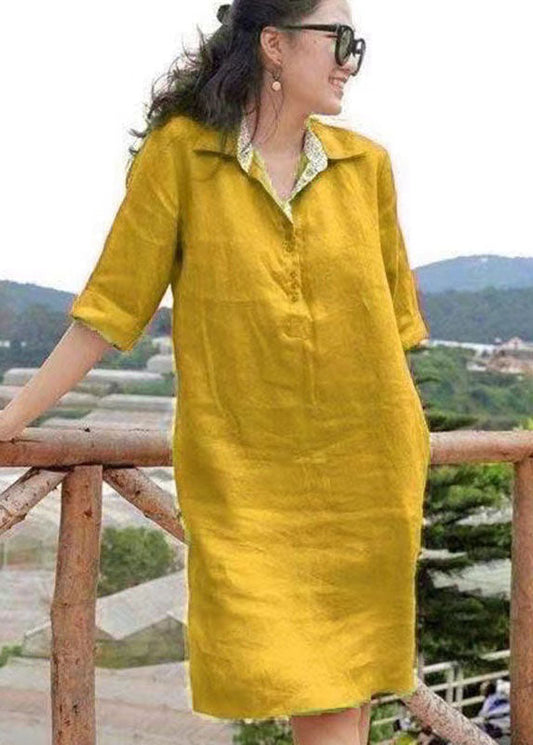 Robe mi-longue en patchwork à col Peter Pan jaune faite à la main pour les vacances et l'été VB1043