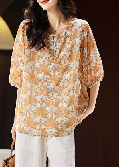 Handmade Yellow Print Button Chiffon Top Summer WW031