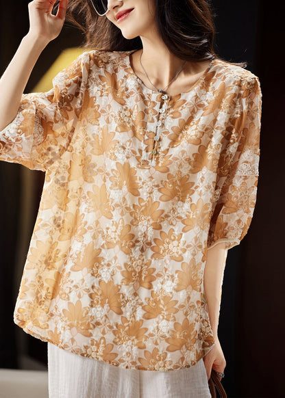 Handmade Yellow Print Button Chiffon Top Summer WW031