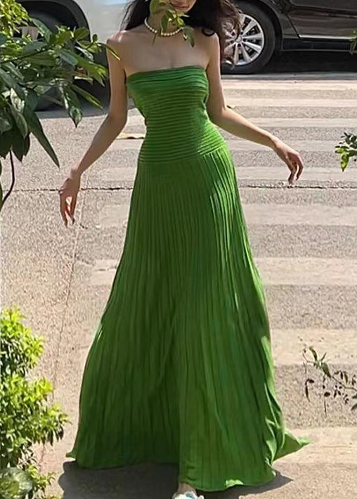 Robe bustier en soie glacée verte style vacances, cintrée à la taille, été EE1015