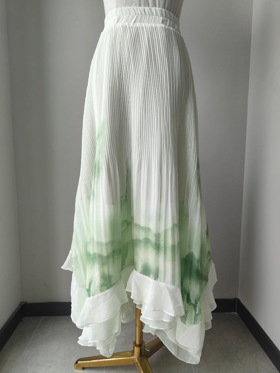 French Green Tie Dye Wrinkled Chiffon Skirt Summer AH381
