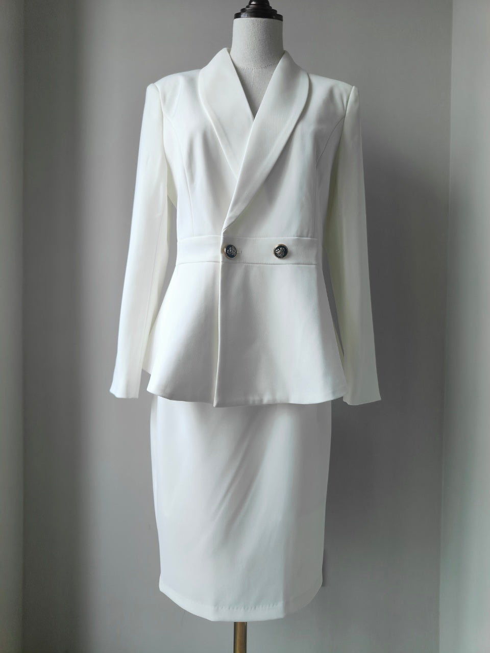 Set: Plain Double-Breasted Blazer + High Waist Mini Pencil Skirt