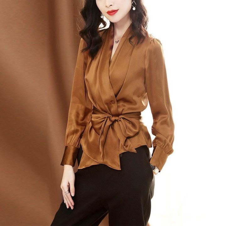 French Coffee Peter Pan Collar Patchwork Tie Waist Silk Velour Top Spring LY0150