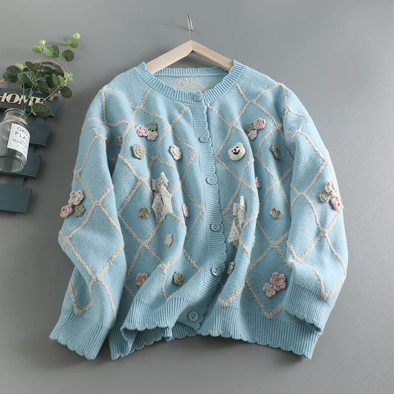 Art Blue Turtleneck  Cozy Cotton Knit Top Fall