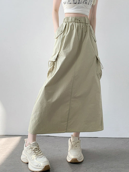 New Light Khaki Pockets Cotton Skirts Spring AB1051