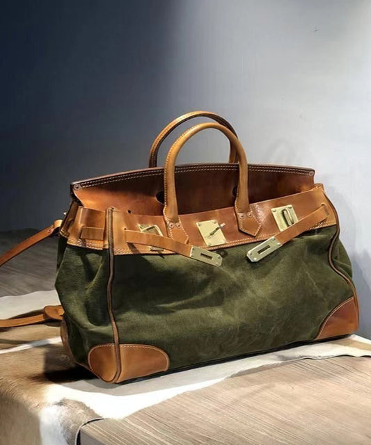 Italian Army Green Calf Leather Patchwork Tote Handbag HJ1046