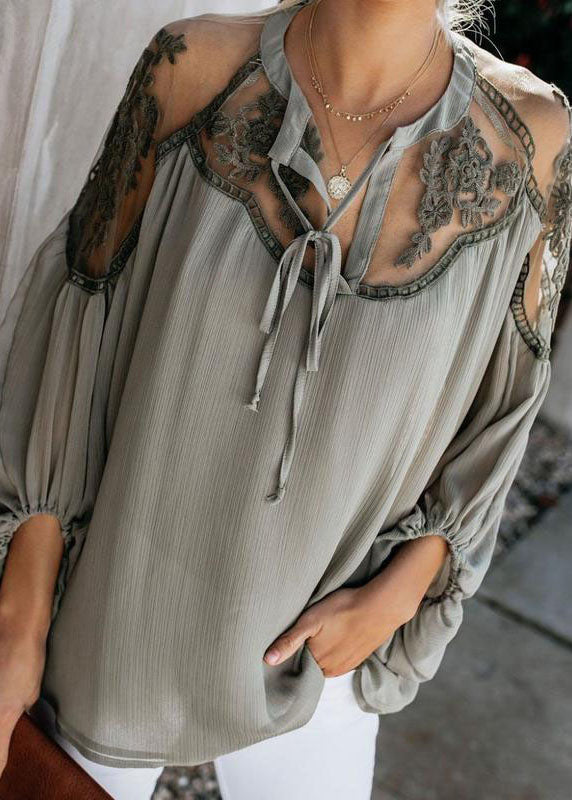 Italian Fall Patchwork Chiffon Top Green Army Tulle