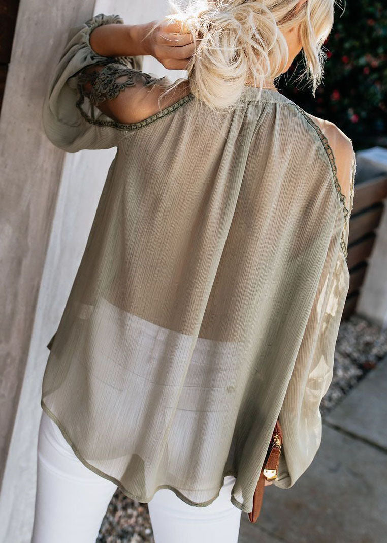 Italian Fall Patchwork Chiffon Top Green Army Tulle