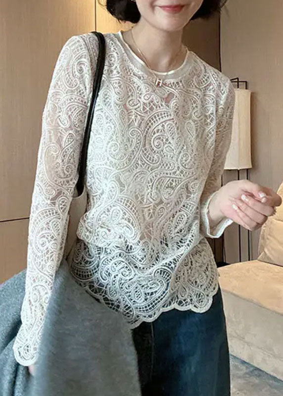 Haut col rond beige en dentelle creuse italienne
