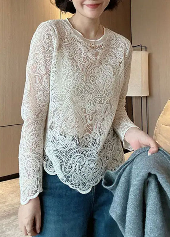 Haut col rond beige en dentelle creuse italienne