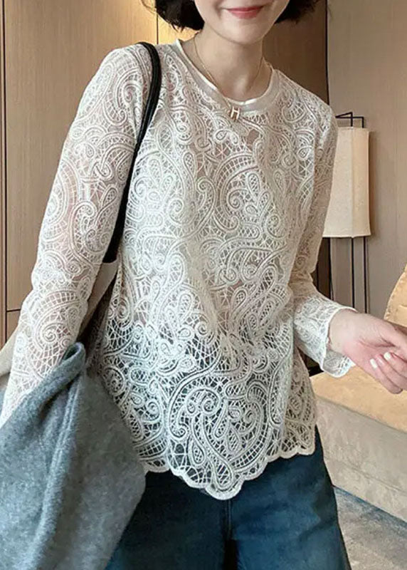 Haut col rond beige en dentelle creuse italienne