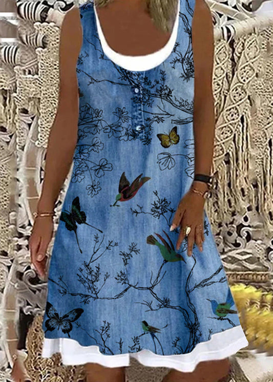 Italian Bird Print False Two Pieces Denim Mid Dress Sleeveless AA1026