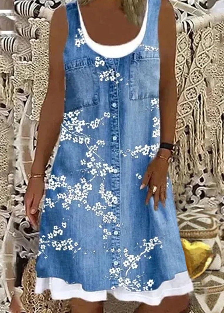 Italian Bird Print False Two Pieces Denim Mid Dress Sleeveless AA1026