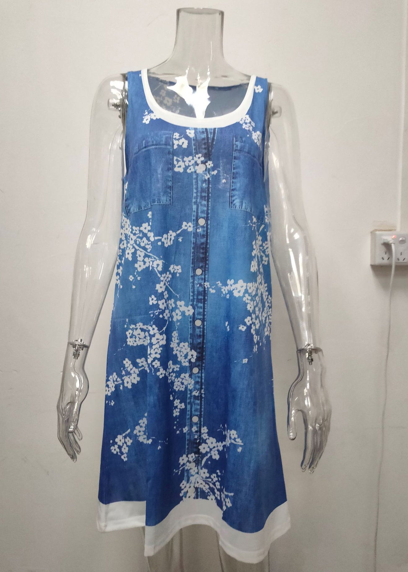 Italian Bird Print False Two Pieces Denim Mid Dress Sleeveless AA1026