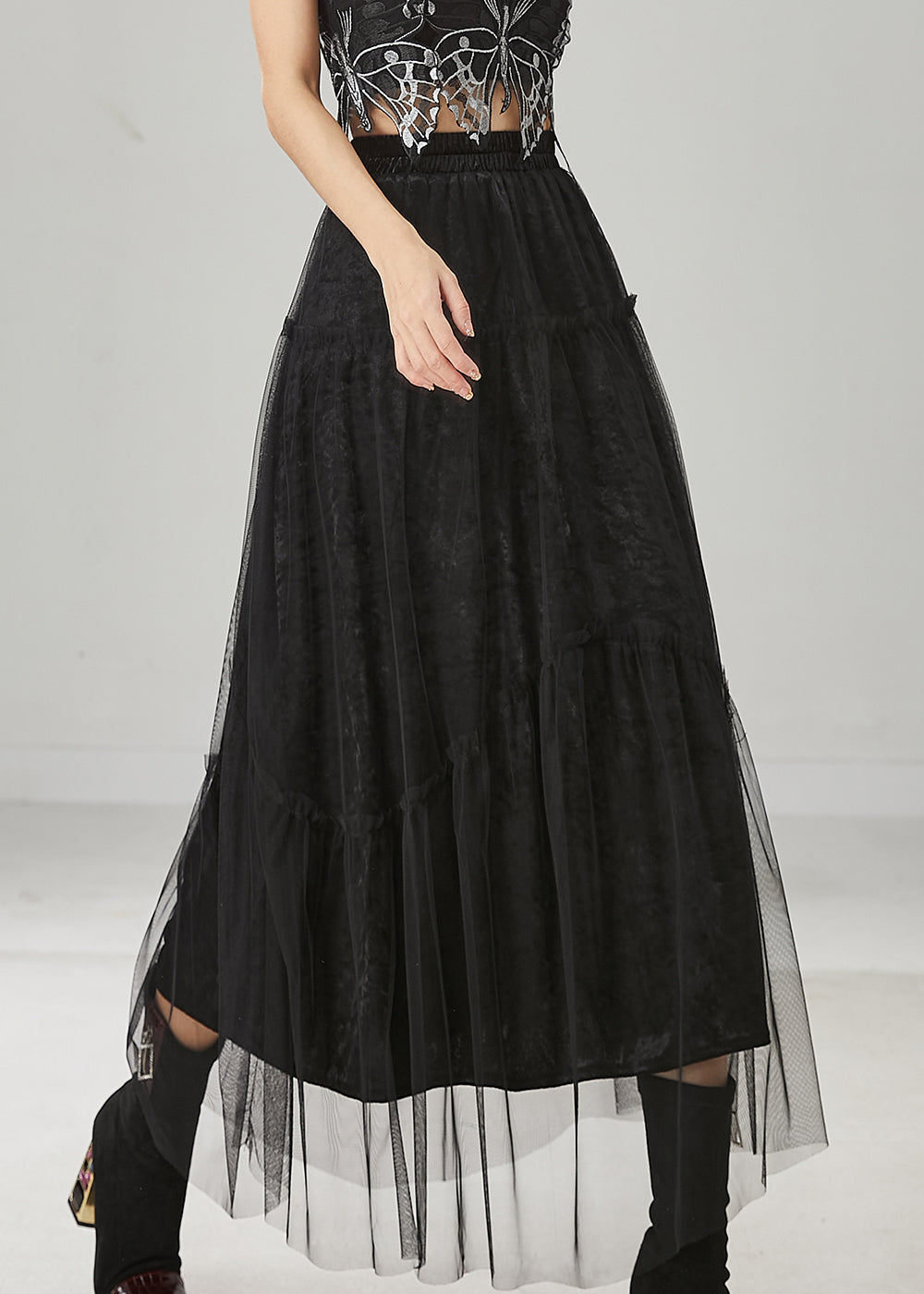 Jupe trapèze en tulle noir à taille élastique italienne Printemps YU1020