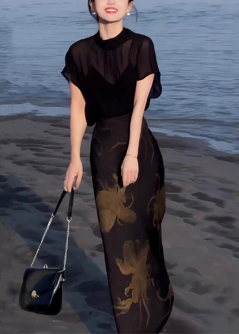 Tops Lace Two Skirts Chiffon Pieces Up And Black Print Italian